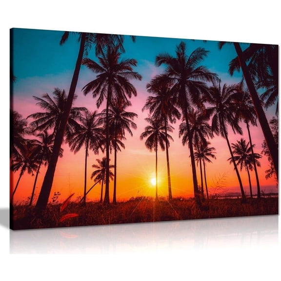 Asdg12s-Coconut Palm Trees On Beach At Sunset Canvas Wall Art Picture Print