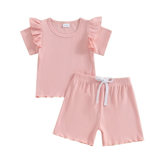 Baby Girls 2 Piece Outfit Solid Color Ribbed Ruffle Short Sleeve T-Shirt and Elastic Shorts Set Summer Clothes