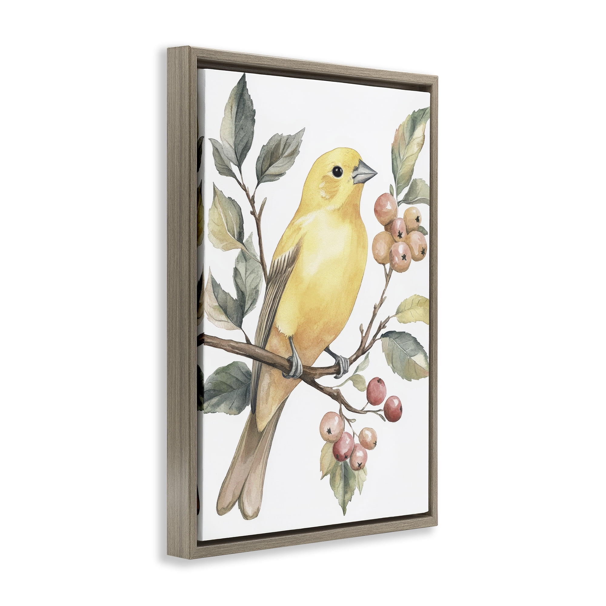 Stupell Industries Sun Lit Bird on Branch Brown Framed Floater Canvas Wall Art, design by Petal Prints Design