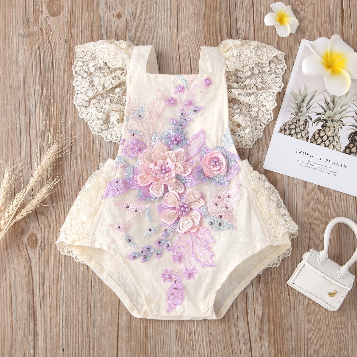 IBTOM CASTLE Baby Girls Lace Bodysuit Boho Clothes 1st Birthday Cake Smash Outfit Newborn Photography Outfits Summer Sunsuit 3-6 Months Apricot + Purple Flower