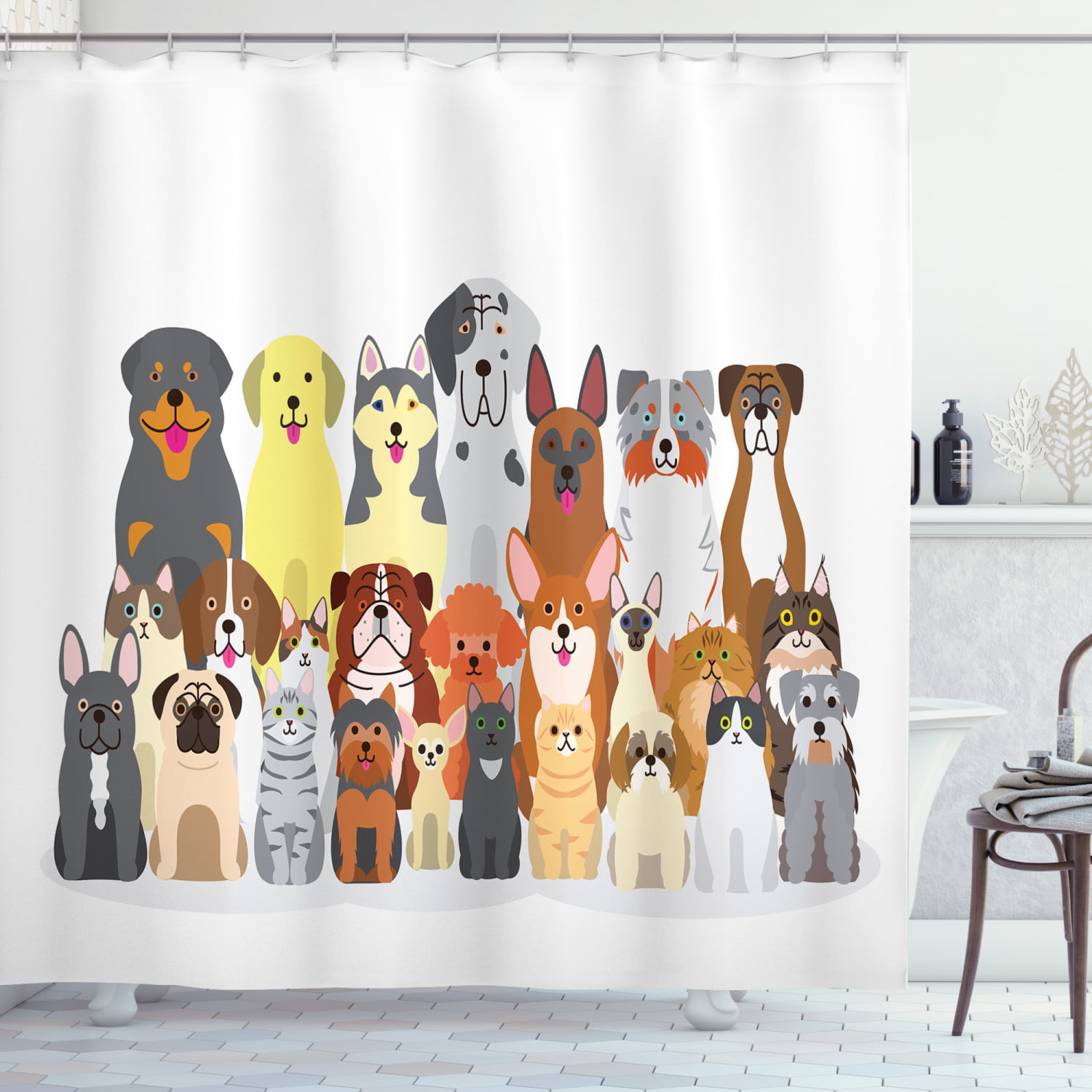 Pet Lover Shower Curtain, Adorable Dogs and Kittens in Disparate Sizes ...