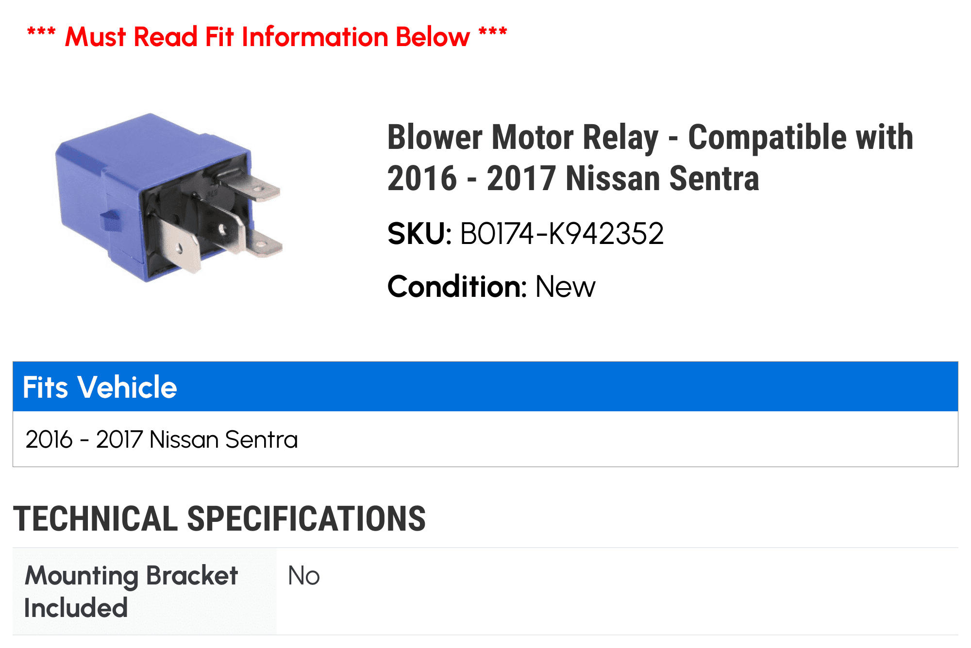 Blower Motor Relay - Compatible with 2016 - 2017 Nissan Sentra