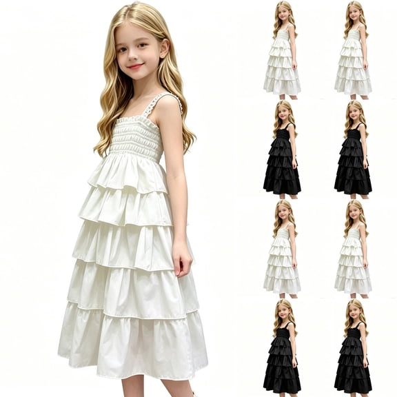 Auroural Size 8-10 Girls Dresses Girls Spaghetti Strap Tiered Ruffle Dress Smocked Bodice Sleeveless Summer Casual Sundress Kids