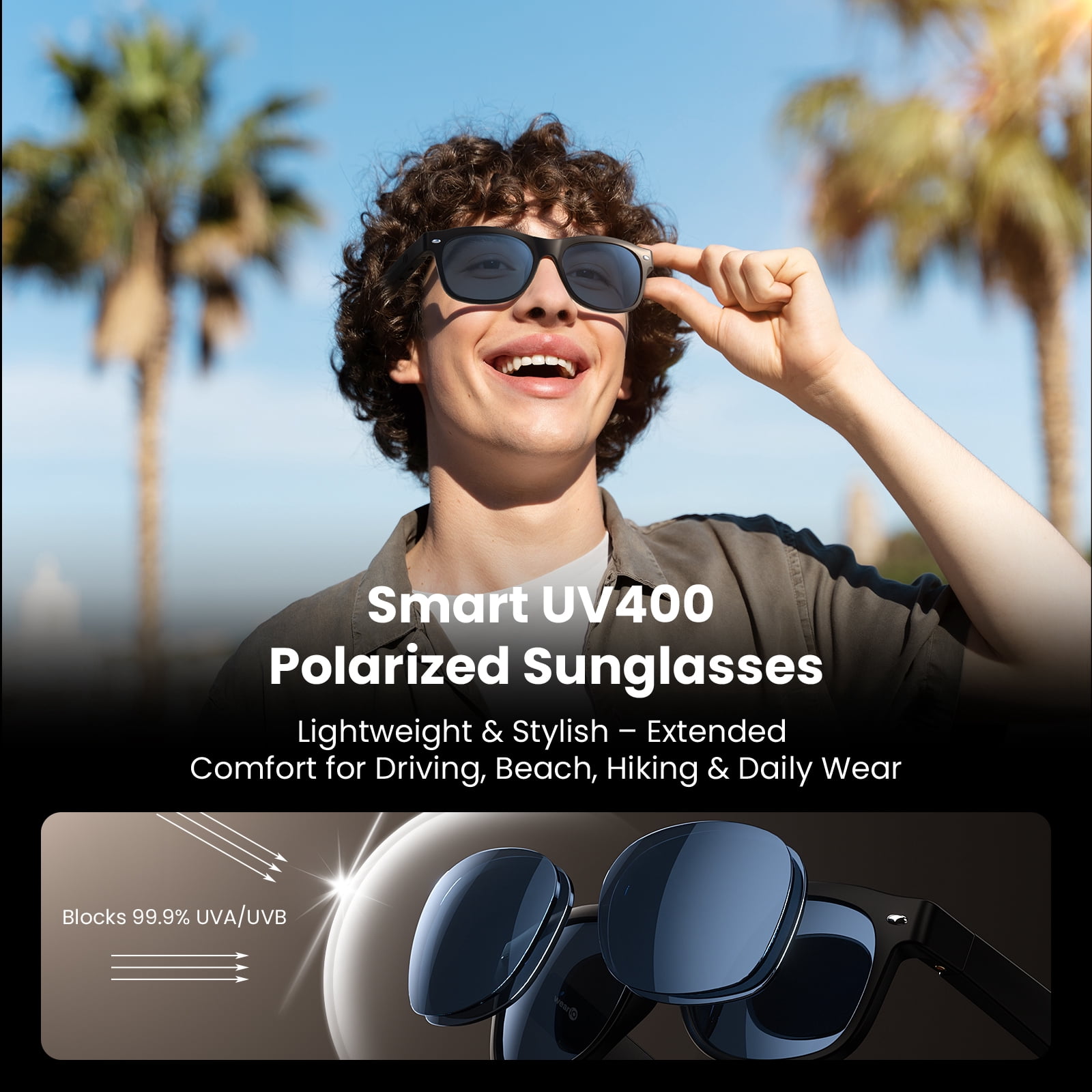 WeariQ Bluetooth Smart Glasses – Matte Black Audio Sunglasses – Blue Polarized Lenses, Open-Ear Speaker, 10-Hour Playtime, Hands-Free Calls, Voice AssistantHands-Free Calls & Music
