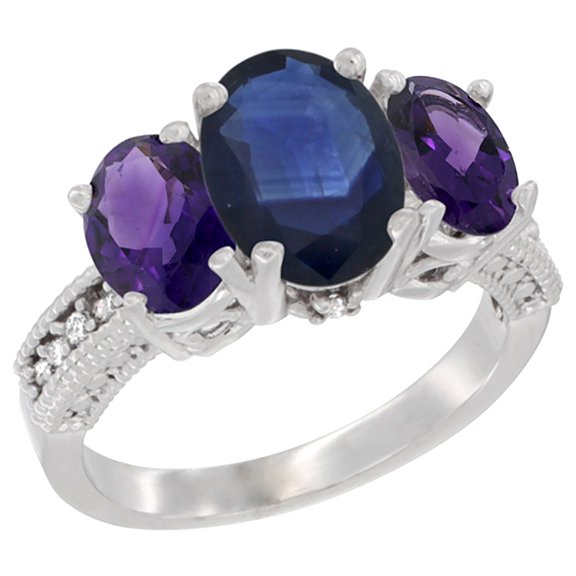 14K White Gold Diamond Natural Quality Blue Sapphire 3-stone Mothers Ring Oval 8x6mm with Amethyst, size7