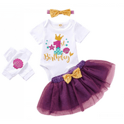 Emmababy Newborn Baby Girl My First Birthday Outfits One Year Short Sleeve Bodysuit Tutu Chiffon Skirt 4pcs Clothes