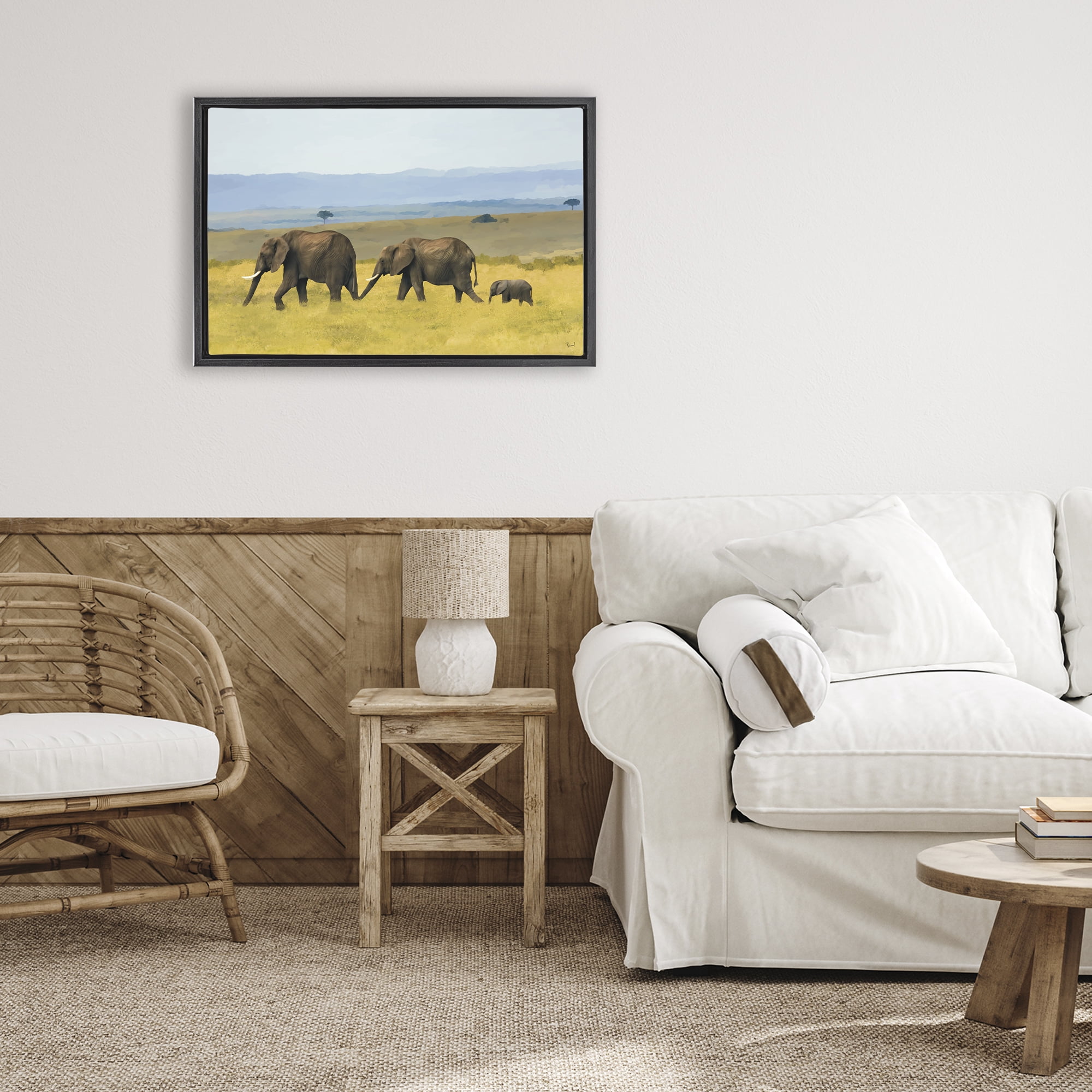Stupell Industries Elephants In The Grassland Black Framed Floater Canvas Wall Art, design by Renel Peters