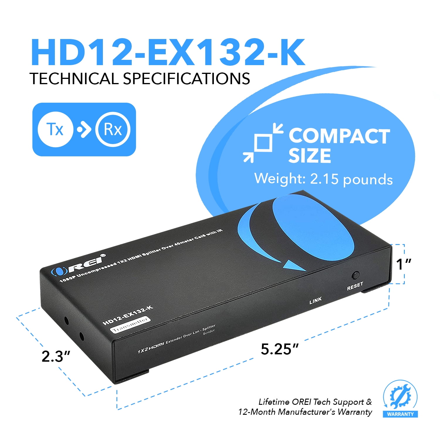 OREI 1X2 HDMI Extender Splitter Over Single CAT6/7 Cable Uncompressed 1080P With IR Remote EDID - Up to 132 Ft - Loop Out (HD12-EX132-K)