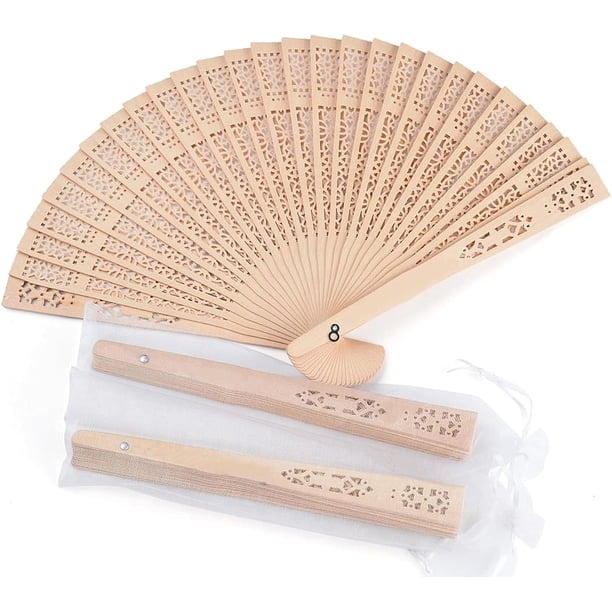 Abanicos de Mano, 50 Piezas Abanicos de Mano Calados, Abanicos de Mano Plegables de Madera Calados Exquisitamente Acabados, Abanicos de Boda con Bolsas de Gasa, Favores de Fiesta