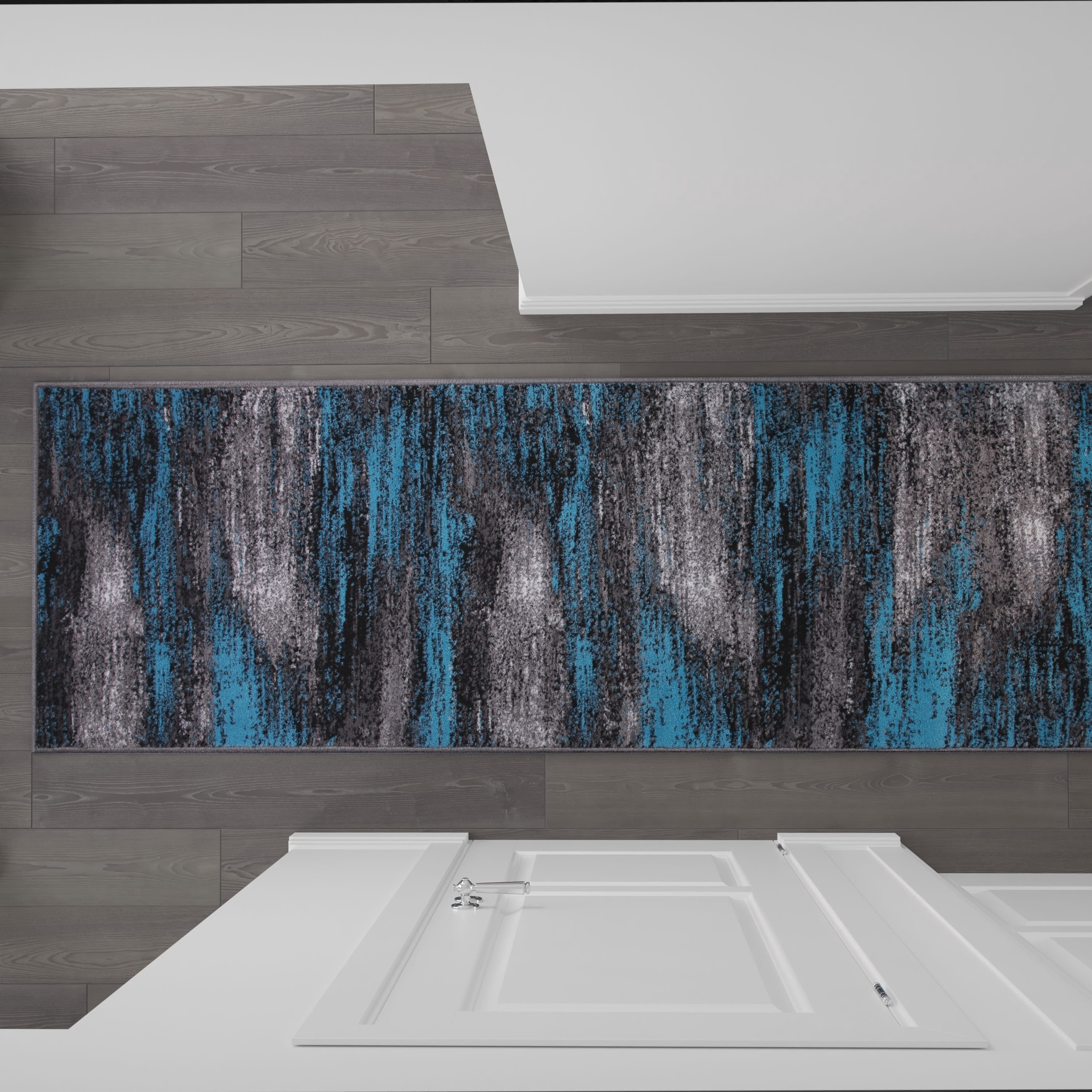 BizChair 2' x 10' Blue Abstract Area Rug - Olefin Rug with Jute Backing for Hallway, Entryway, Bedroom, Living Room