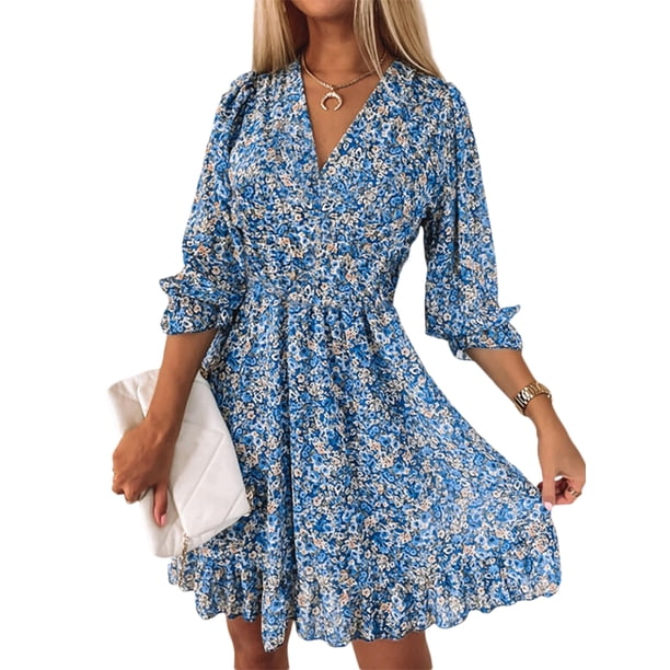 VISgogo Vestido de Mujer, Media Manga Cuello en V Estampado Floral Cintura Alta Adelgazante Patchwork Casual Club Vestido de Fiesta VISgogo moda
