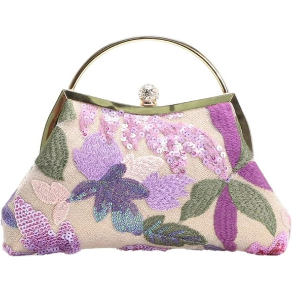 Kwuty Women's Vintage Floral Sequin Evening Bag Top Handle Crossbody Handbags with Chain Strap