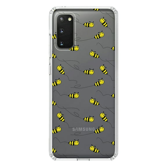 DistinctInk Clear Shockproof Hybrid Case for Galaxy S20 / S20 5G (6.2" Screen) - TPU Bumper, Acrylic Back, Tempered Glass Screen Protector - Repeating Bumble bees