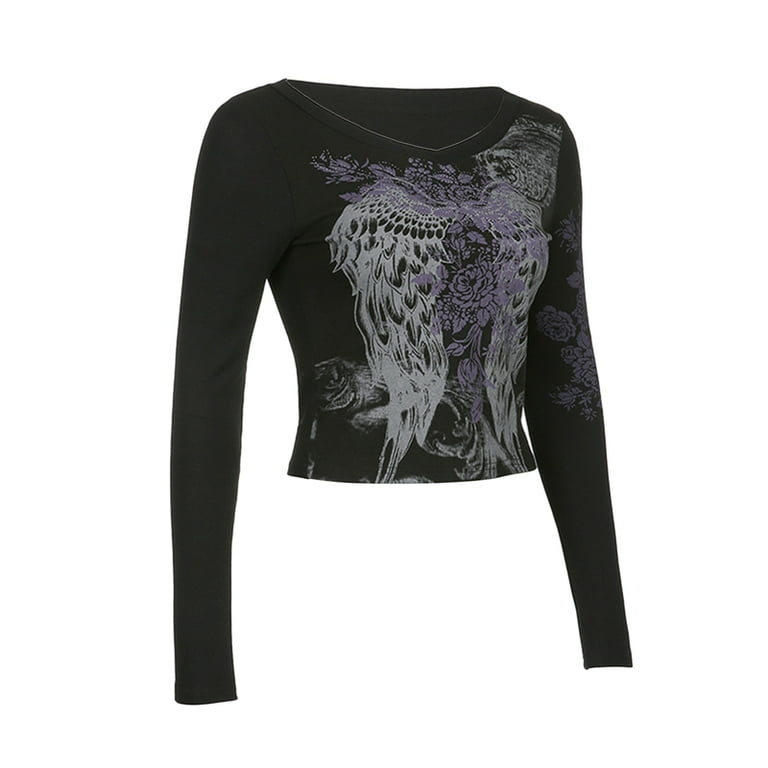 Women Y2K Long Sleeve Top Aesthetic Slim Fitted Fairy T Shirts Vintage 90s E Girl Tees Streetwear