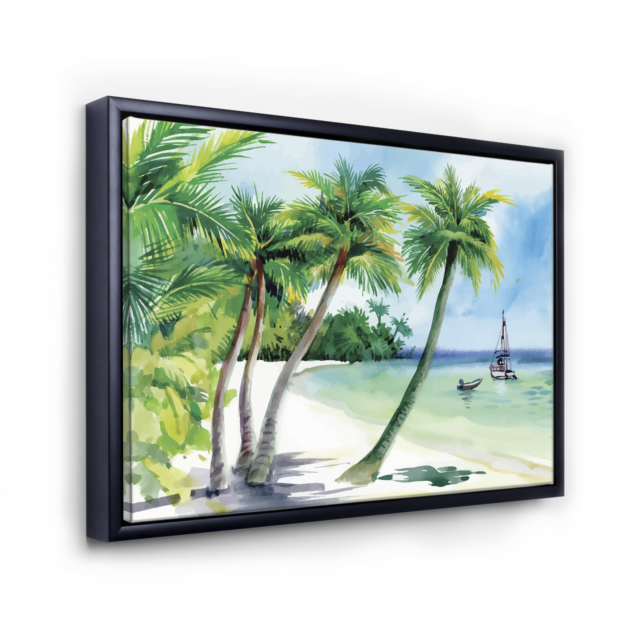 Designart 'Palm Trees With Summer Beach' Nautical & Coastal Framed Canvas Wall Art Print