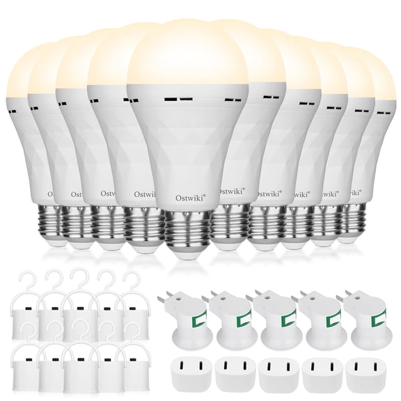 Ostwiki 10 Pack Rechargeable Light Bulbs, Emergency Light Bulbs for Power Outage Hurricane Camping 3000K Warm Light Battery Operated Light Bulb 9W E26 1200mAh Battery Backup Soft Light Bulb for Lamps
