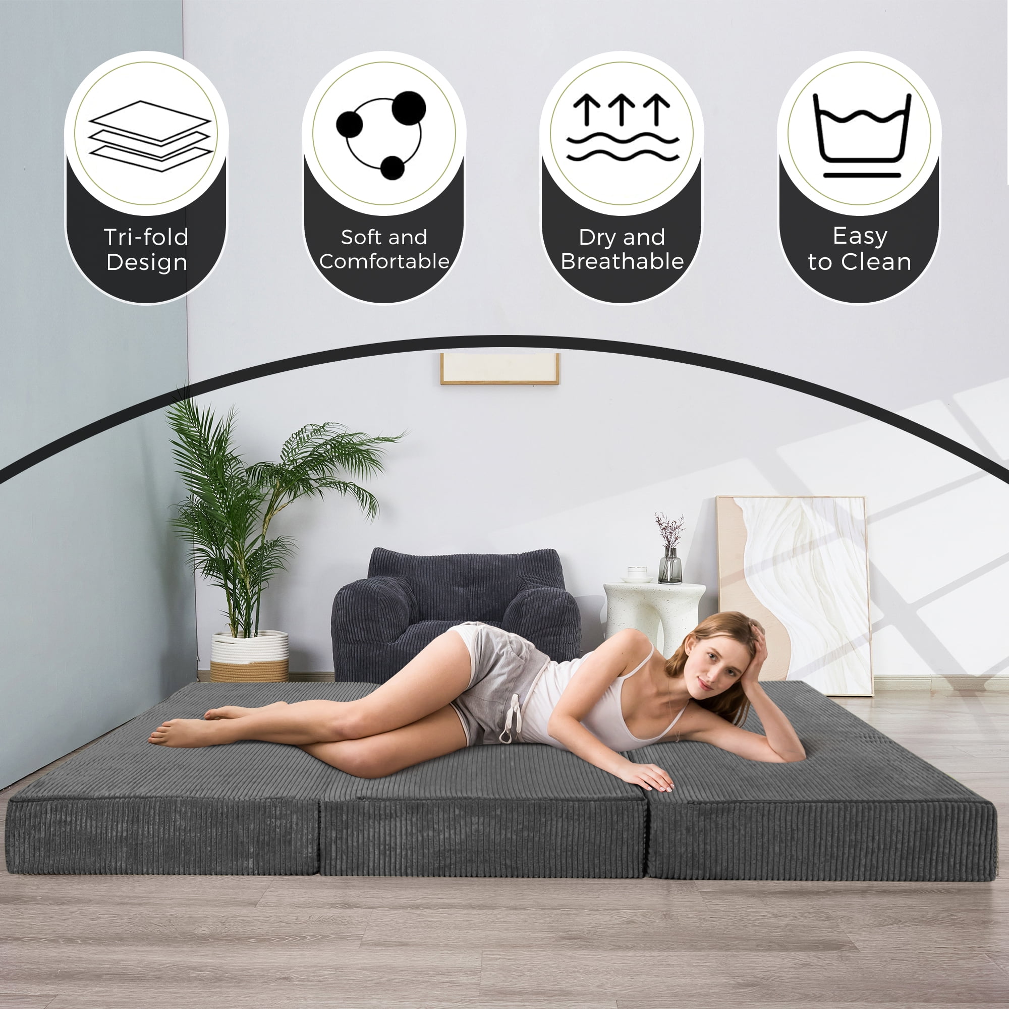 MAXYOYO 6 inch Folding Corduroy Mattress, Tri Fold Floor Mattress thick with Washable Cover,Foldable in Three,Space-Saving for Guest (Dark Grey, Full)