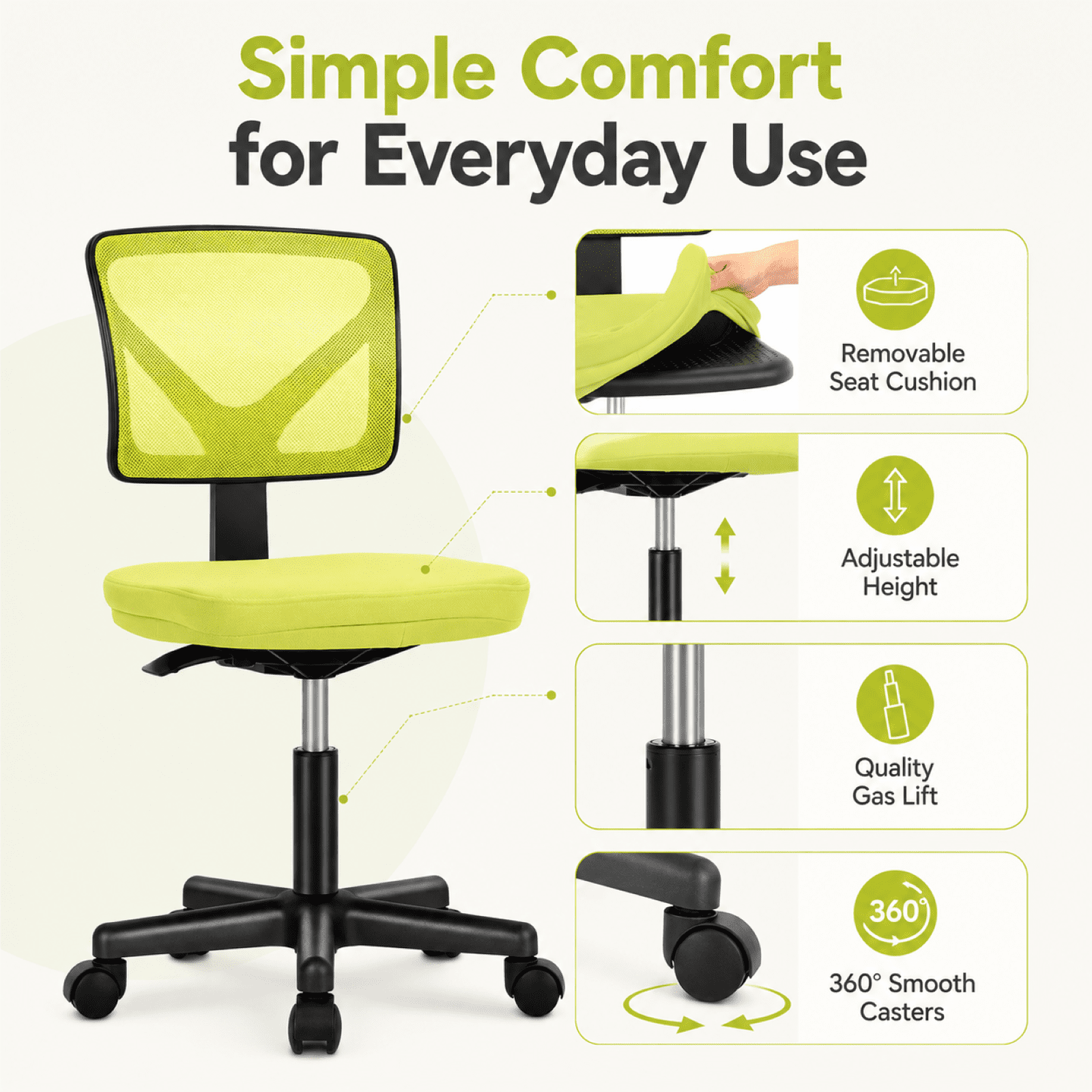Kelno Small Desk Chair with Wheels Adjustable Computer Desk Chair with Lumbar Support Mesh Ergonomic Low-Back Office Chair, Green