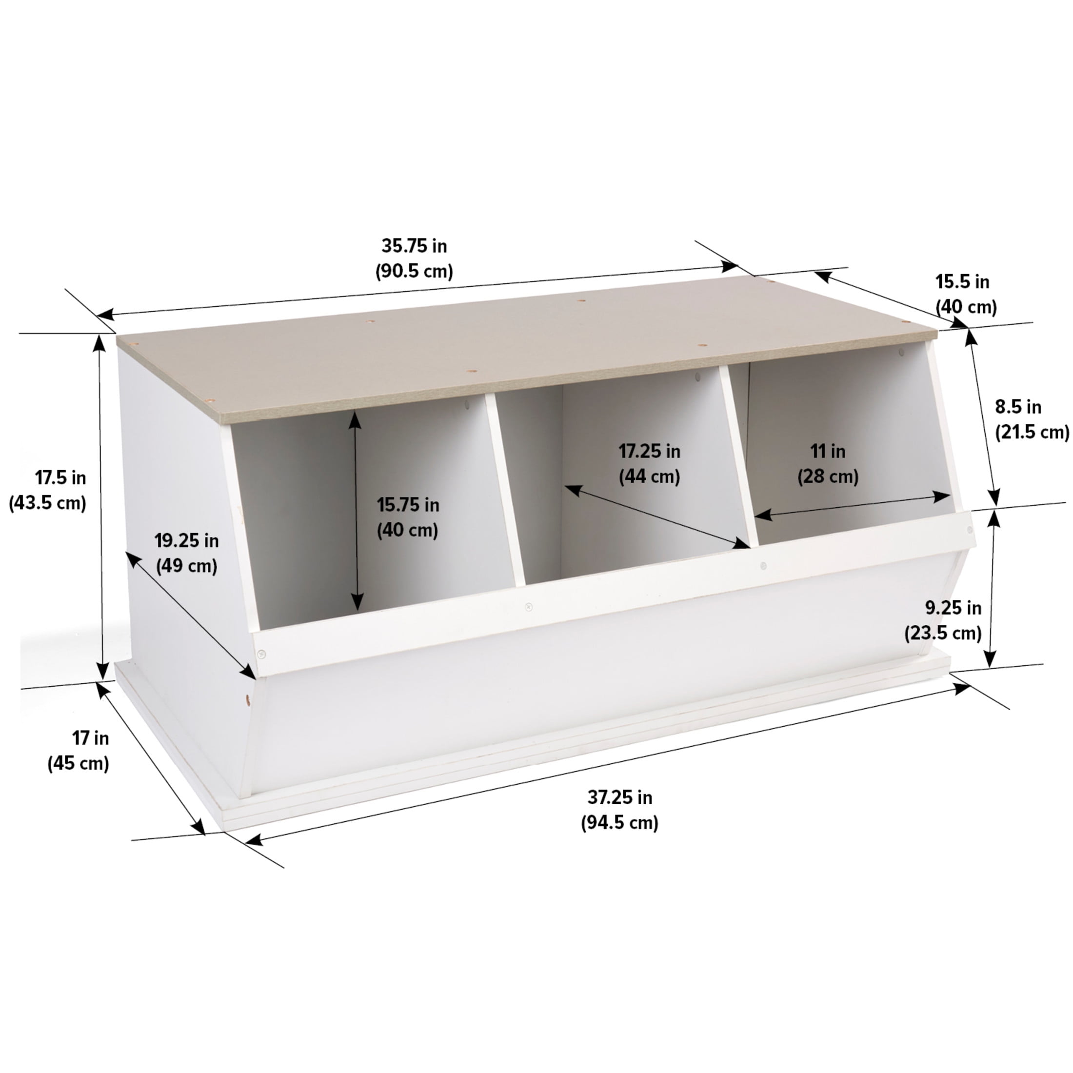 Badger Basket Children's Stackable Wooden 3-Bin 33 gal Toy Storage Cube, White & Gray