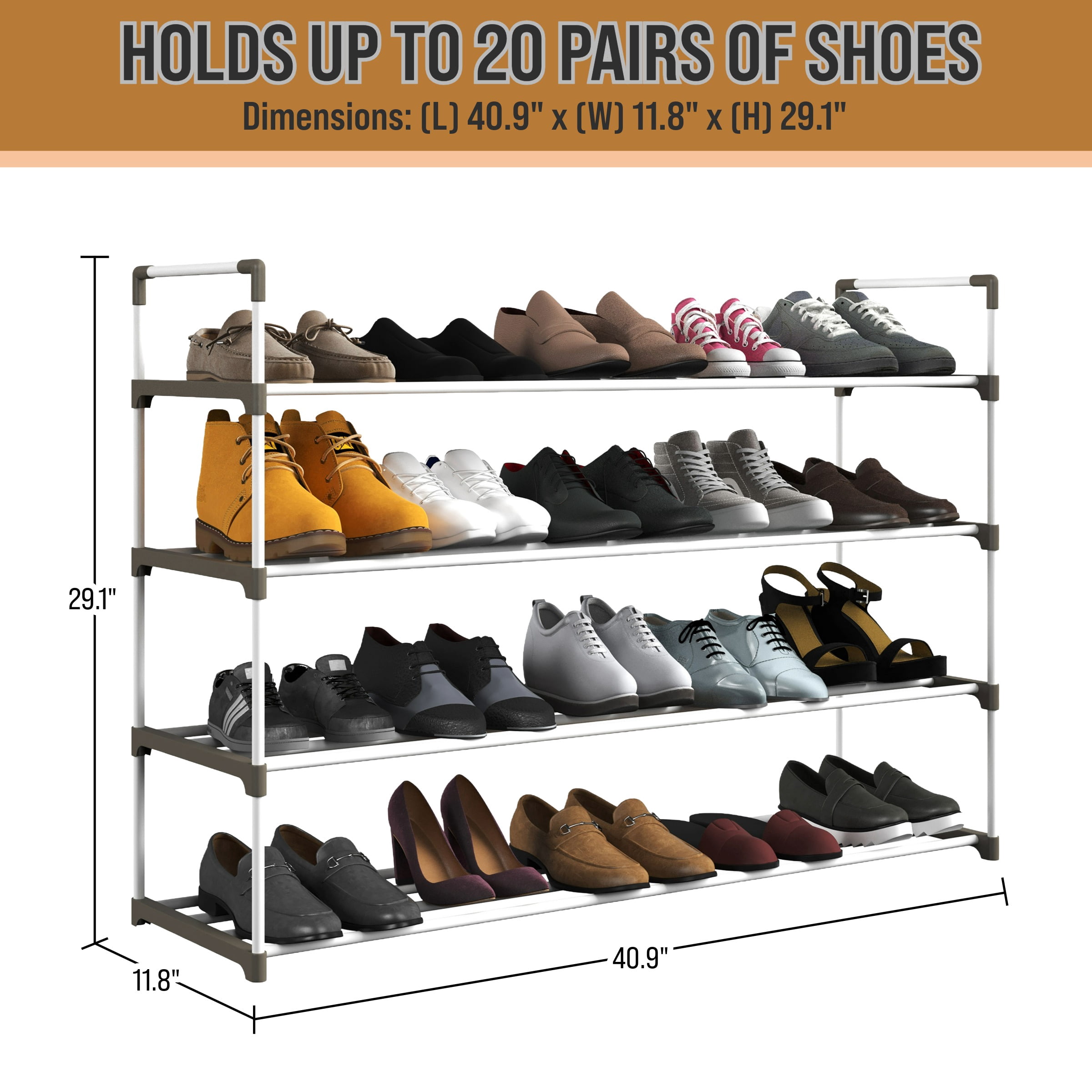 Shoe Rack - 4-Tier Shoe Organizer for Closet, Bathroom, Entryway - Shelf Holds 20 Pairs Sneakers, Heels, Boots by Home-Complete (White)