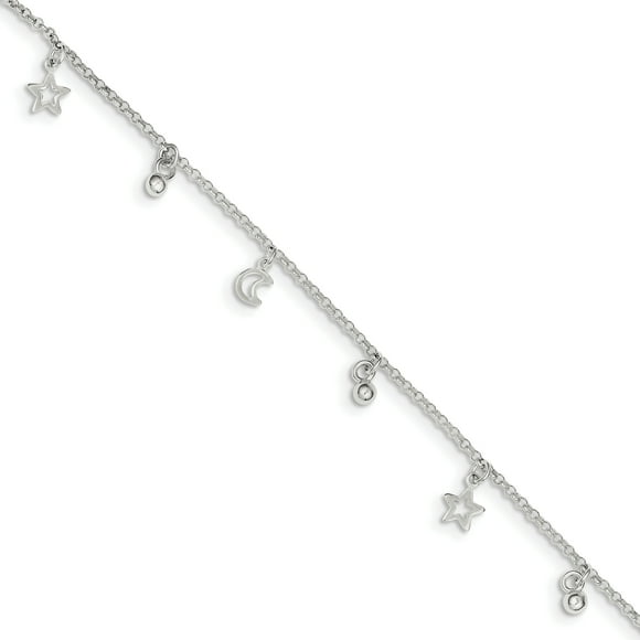 925 Sterling Silver Bead Star Crescent Moon 9 Inch Plus 1 Anklet Ankle Bracelet Celestial