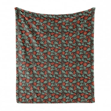 Floral Soft Flannel Fleece Throw Blanket, Victorian Style Botanical Artwork of Bindweed Flowers, Cozy Plush for Indoor and Outdoor Use, 50" x 70", Vermilion Multicolor, by Ambesonne