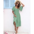 thumbnail image 4 of Vestido de verano AUSELILY para mujer, cuello en V, manga corta, midi, verde S, 4 of 6