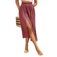 thumbnail image 3 of Women'S High Waist Solid Midi Skirt with Split Thigh and Pleated Paperbag Waist Red S, 3 of 9