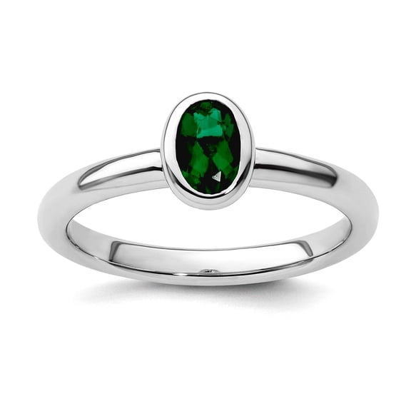 925 Sterling Silver Bezel Polished Stackable Oval Created Emerald Ring Size 8 Stackable Ring for Women