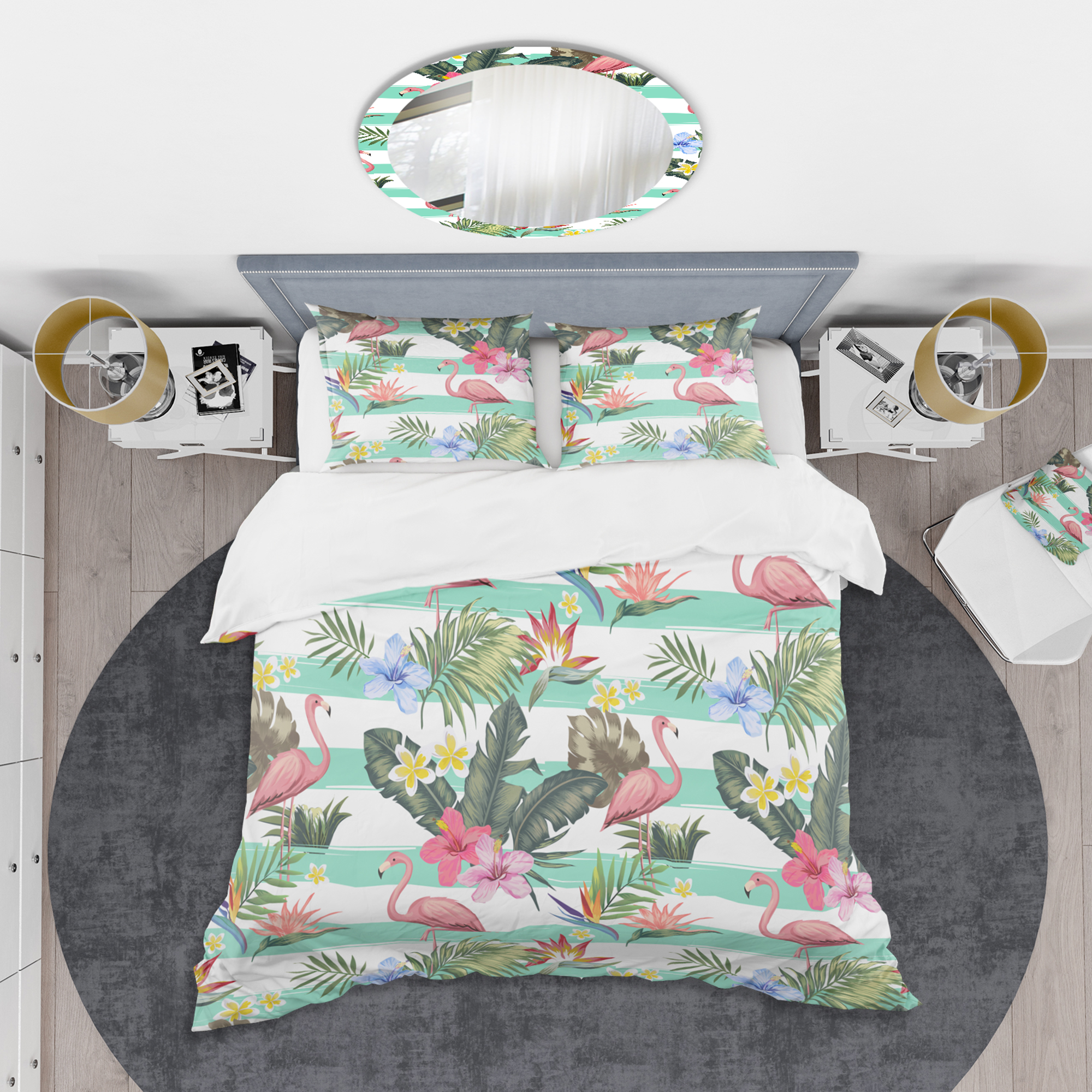 Designart 'Tropical Botanicals, Flowers And Flamingo' Mid-Century Modern Duvet Cover Set