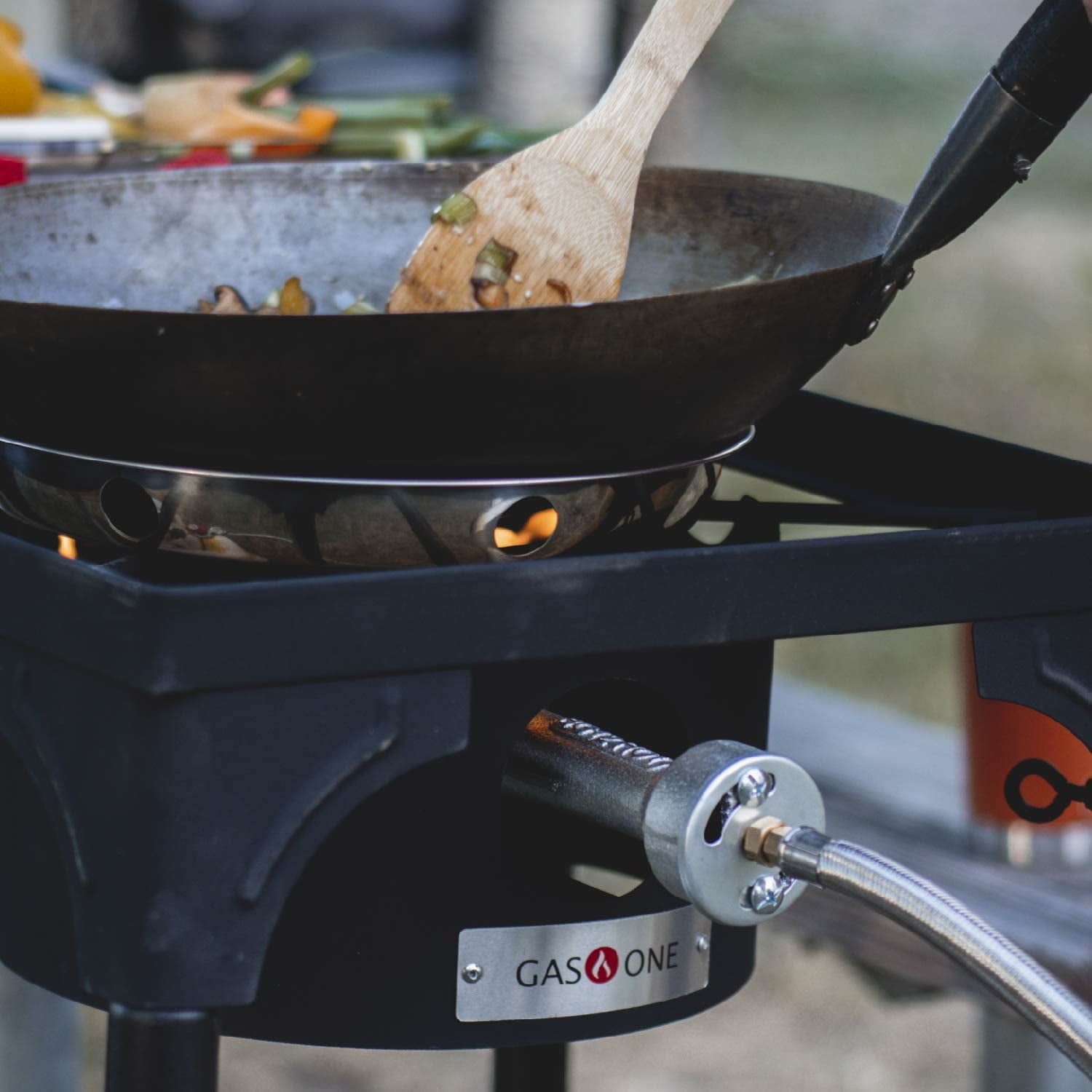 GasOne Propane Single Burner Camp Stove & Red QCC Braided Stainless Steel Regulator with Height