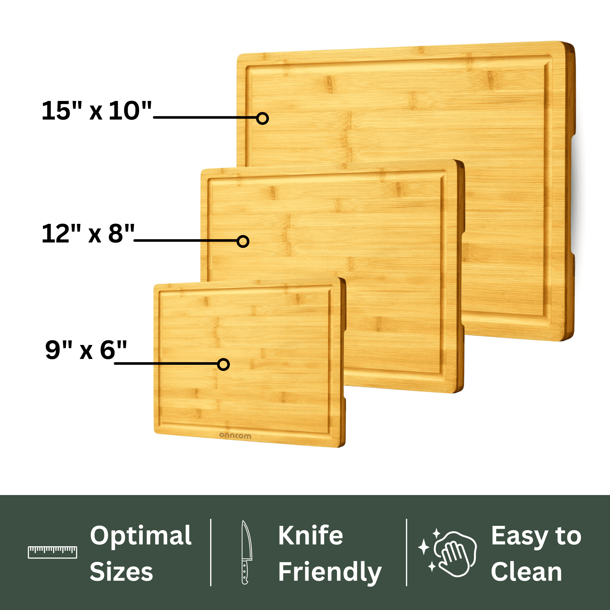 onncom Set of 3 Bamboo Wooden Cutting Boards for Kitchen Meal Prep & Serving- Kitchen Gadgets Gift