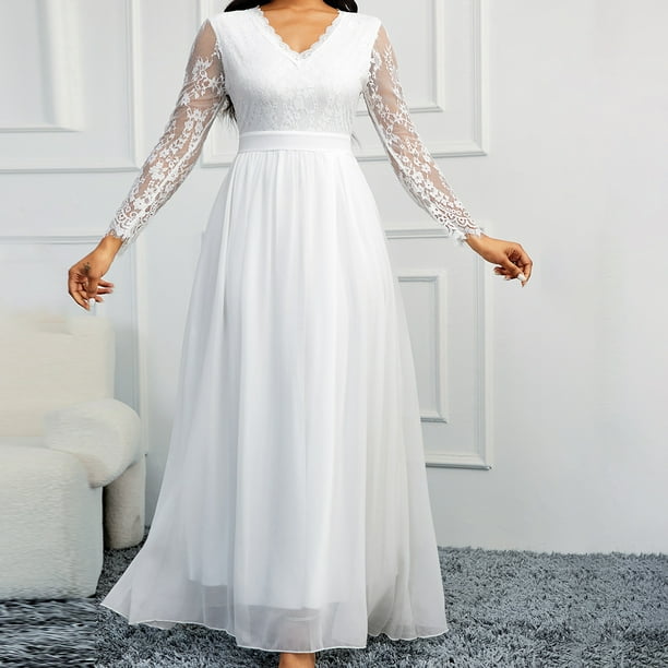 Vestido de novia blanco ajustado Vestido de novia de encaje con escote en V Vestido de novia de gasa