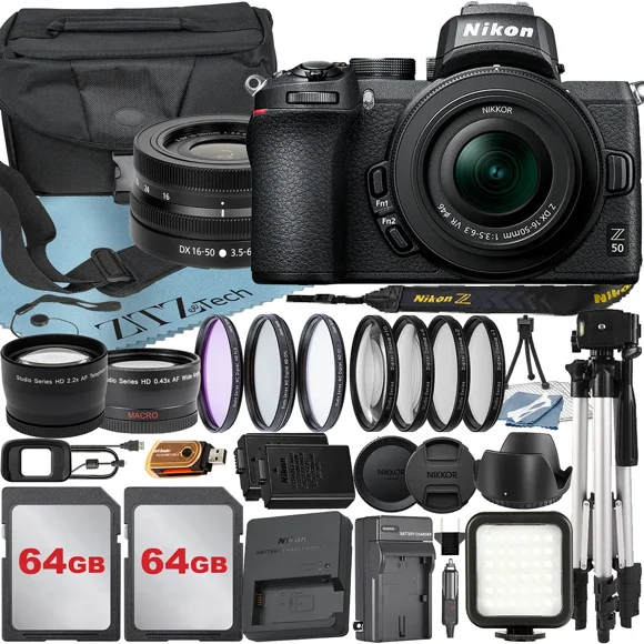 Nikon Z50 Mirrorless Camera with NIKKOR Z DX 16-50mm VR Zoom Lens + 64GB Card + Case + Telephoto + Tripod + ZeeTech Accessory Bundle
