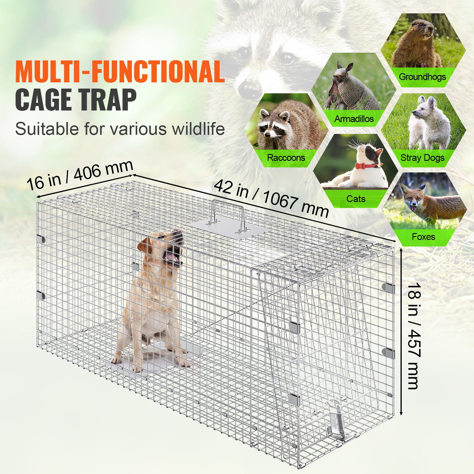 KFFKFF Humane Animal Trap 42" x 16" x 18", Foldable Cage with Carrying Handle for Capturing Stray Dogs, Cats, Raccoons & More