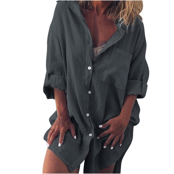 WREESH Womens Fashion Button Down Shirts Cotton Linen Shirt Summer Casual Stand Collar V Neck Long Sleeved Solid Color Loose Shirt Tops Gray