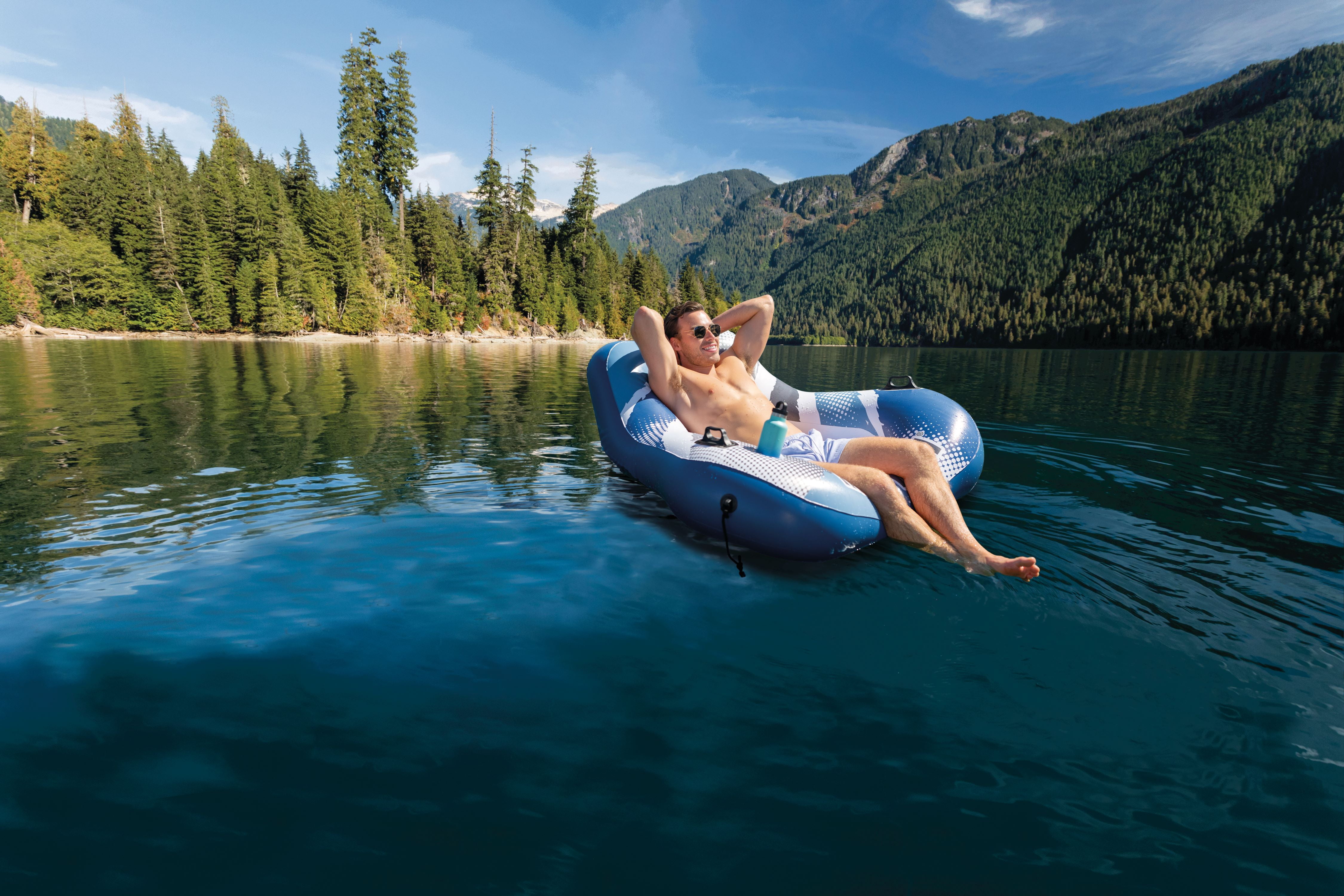 Intex River Run I Wedge Inflatable Floating Water Lounge with Quick Connects and Intex Mega Chill 2 Cooler with Cup Holders and Quick Connects
