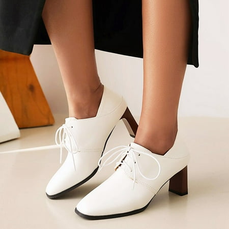 

Aayomet Women s Pumps Ladies British Fashion Solid Color Lace Up Square Head Thick High Heeled Casual Leather Shoes White 6.5