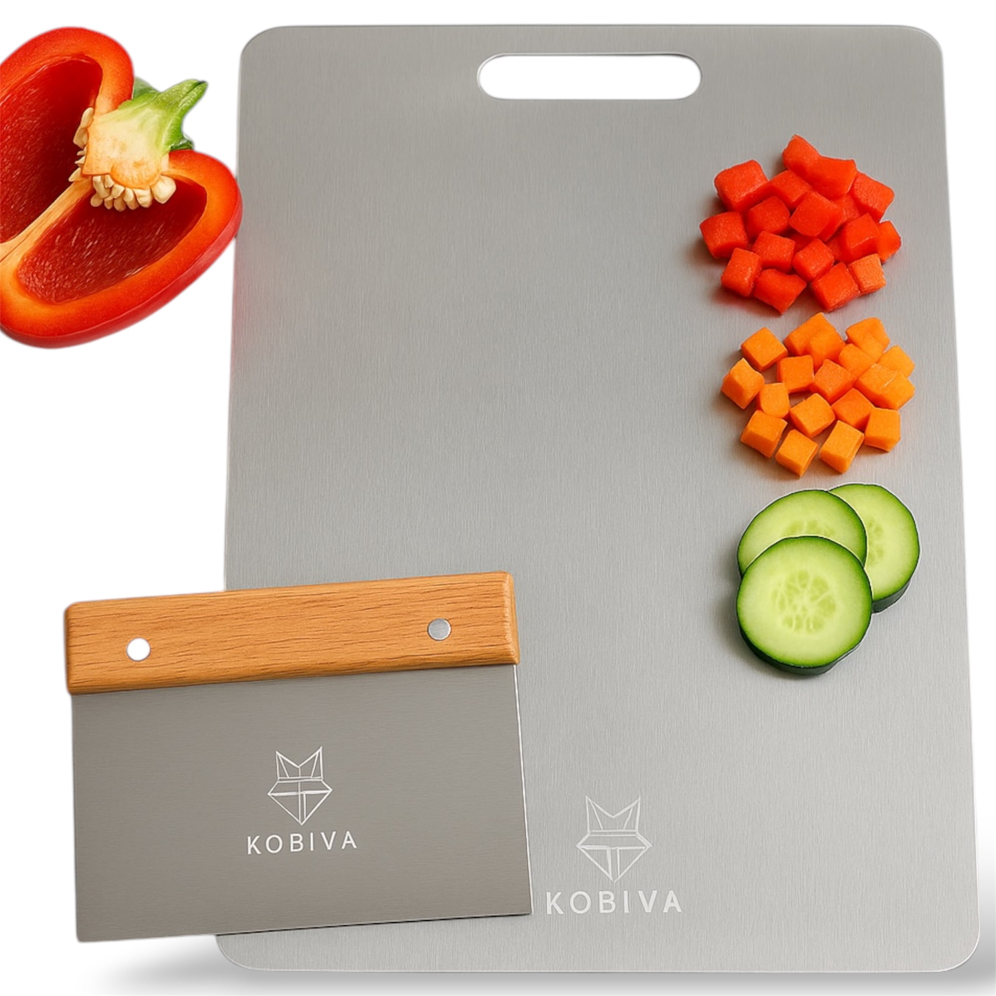 304 Stainless Steel Cutting Board with Bench Scraper & Wooden Handle | Food Grade, Large Metal Chopping Board, Dough Cutter, Dishwasher Safe | Kitchen Set for Meat, Bread, Vegetables & Pastry