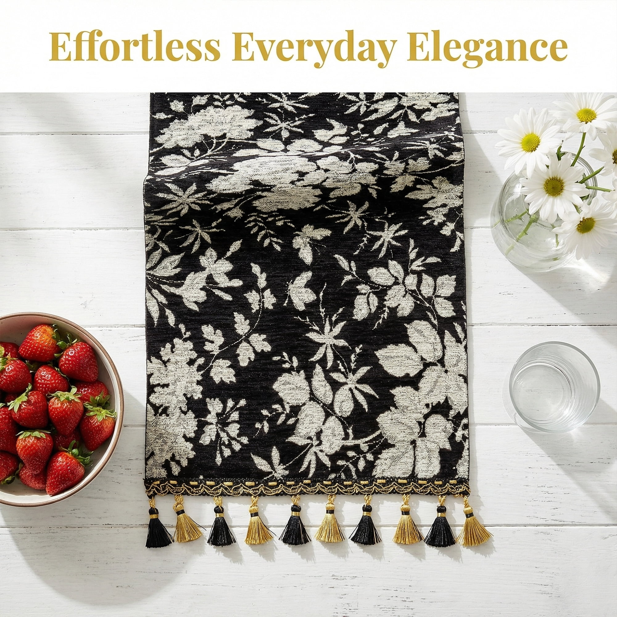 Unique Bargains Floral Table Decoration Kitchen Runner with Tassel Black 13.8x70.9in