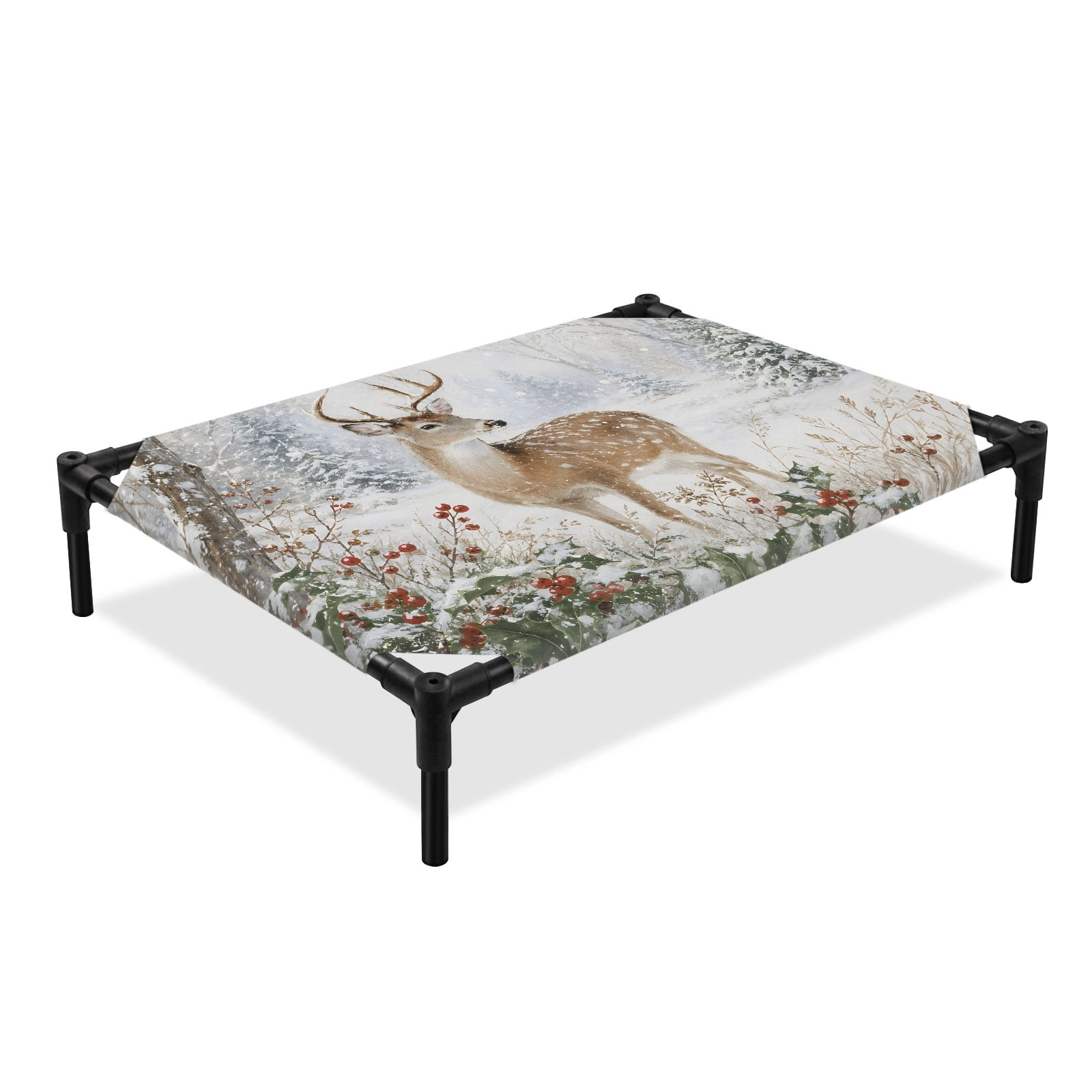 Winter Deer Elevated Dog Bed Grey Country Forest Pine Tree Snow Green Leaf Red Berry Cooling Breathable Outdoor Raised Dog Cot Bed with Metal Frame Non-Slip Feet for Medium Dog 24x20in