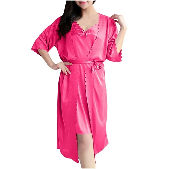 Robe Sets for Women Satin Robe with Nightgown 2 Piece Sleepwear Cami Nightwear Bridesmaid Robes Ladies Cotton Pajamas One Size