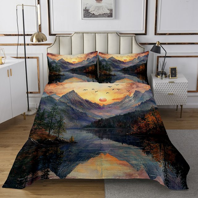 Erosebridal Rustic Scenery Coverlet Set King, Pine Tree Bedding Set, Mountain Decor 3-Piece