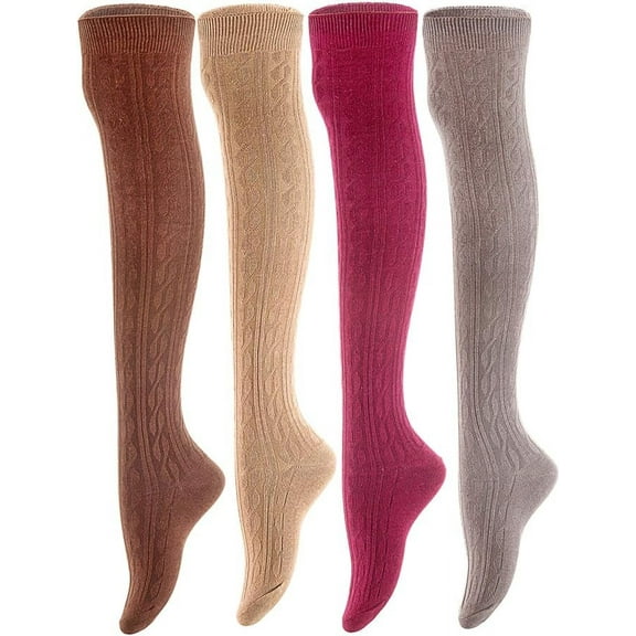 Womens 4 Pairs Super Durable, Awesome, Comfortable, Soft Thigh High Cotton Boot Socks MJ1024 Size 6-9(Coffee,Beige,Wine, Dark Grey)