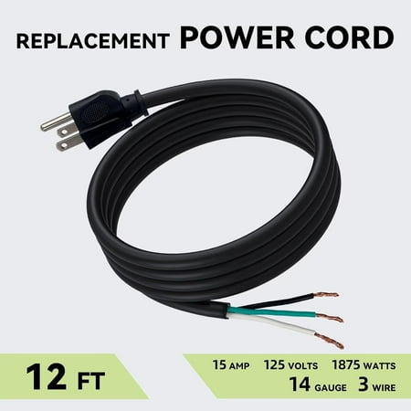 YTGRF-2 Pack 12 ft 14/3C SJTW Appliance and Power Tool Cord, 14 Gauge 3 Prong Heavy Duty Replacement Power Supply Cord Cable, 110V 115V 120V AC Pigtail, 15A, 1875w