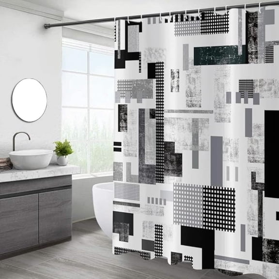 Black And White Shower Curtain, Modern Black Grey Geometric Pattern Bathroom Curtain For Bathtub Decor Waterproof Fabric Machine Washable With 12 Hooks 36"W x 72"L