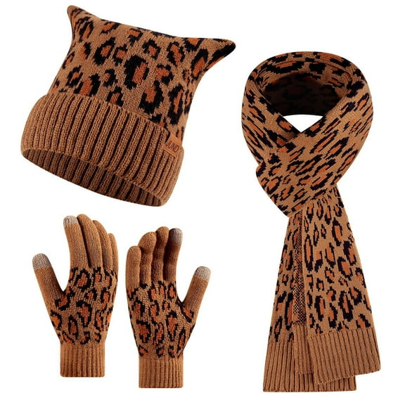 Bibifish 3 PCS Scarf Hat Glove Sets For Women Leopard Print Winter Warm Cat Ear Beanie Hats With Matching Gloves And Scarves For Cold Weather