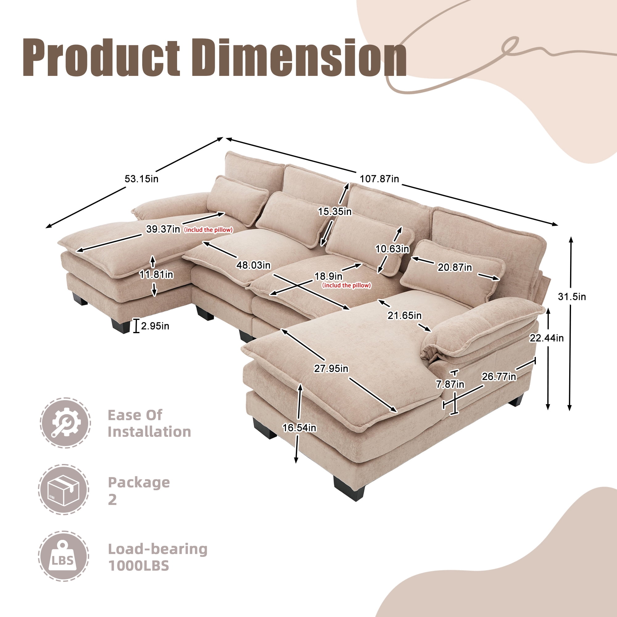 MOONMISS Chenille Upholstered U-Shaped Modular Wood Frame Sleeper Sectional Sofa with Double Chaise-Khaki