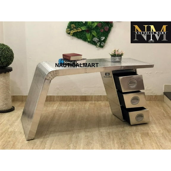 NauticalMart Aviator Wing Desk Aluminium Table Home Office Aviator Furniture Decor (Three Drawer, 78 Inches)
