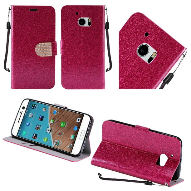 For HTC M10 Shiny PU Leather Bling Flip Wallet Credit Card - Hot Pink - www.strongerinc.org - www.strongerinc.org